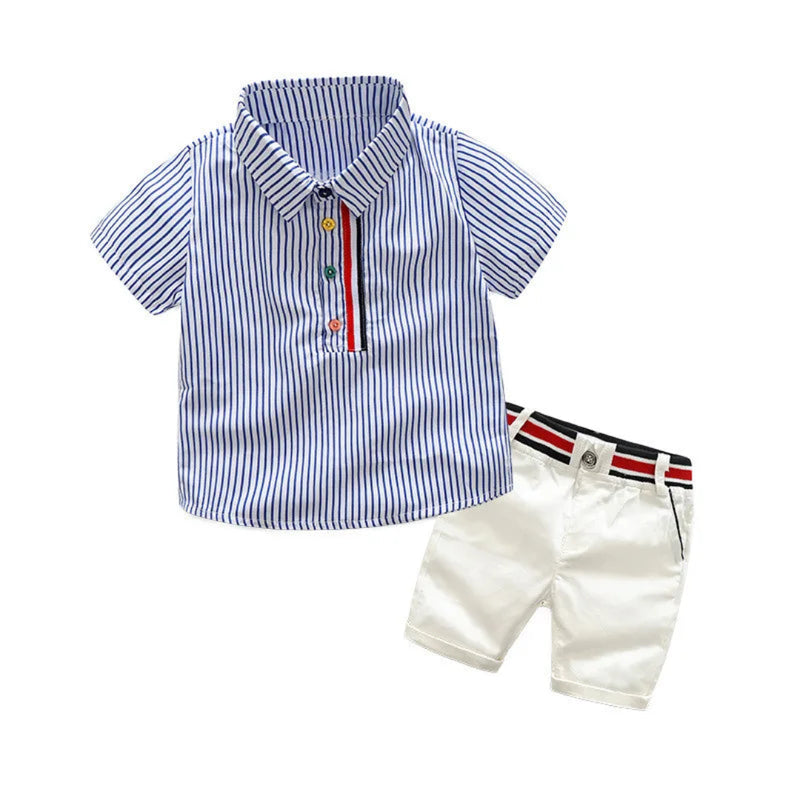Conjunto de camisa e calça listrada de manga curta infantil, roupa de bebê, cavalheiros, terno elegante, roupa de treino infantil, menino, casual, verão