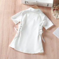 Vestido de verão para meninas de 2 a 7 anos, jaqueta, cor sólida, manga curta, lapela, botões, bandagem, cintura, blazer, moda, roupas de bebê