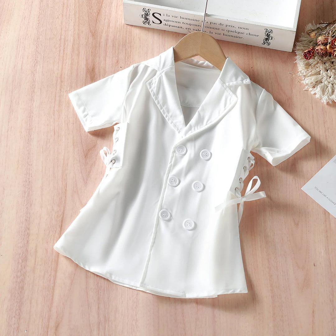Vestido de verão para meninas de 2 a 7 anos, jaqueta, cor sólida, manga curta, lapela, botões, bandagem, cintura, blazer, moda, roupas de bebê