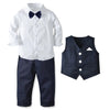 Roupas formais de aniversário para meninos, conjunto de roupas de algodão para crianças pequenas, camisa de manga comprida com gravata borboleta + colete + calças, roupa de festa para meninos