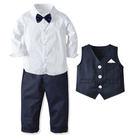 Roupas formais de aniversário para meninos, conjunto de roupas de algodão para crianças pequenas, camisa de manga comprida com gravata borboleta + colete + calças, roupa de festa para meninos