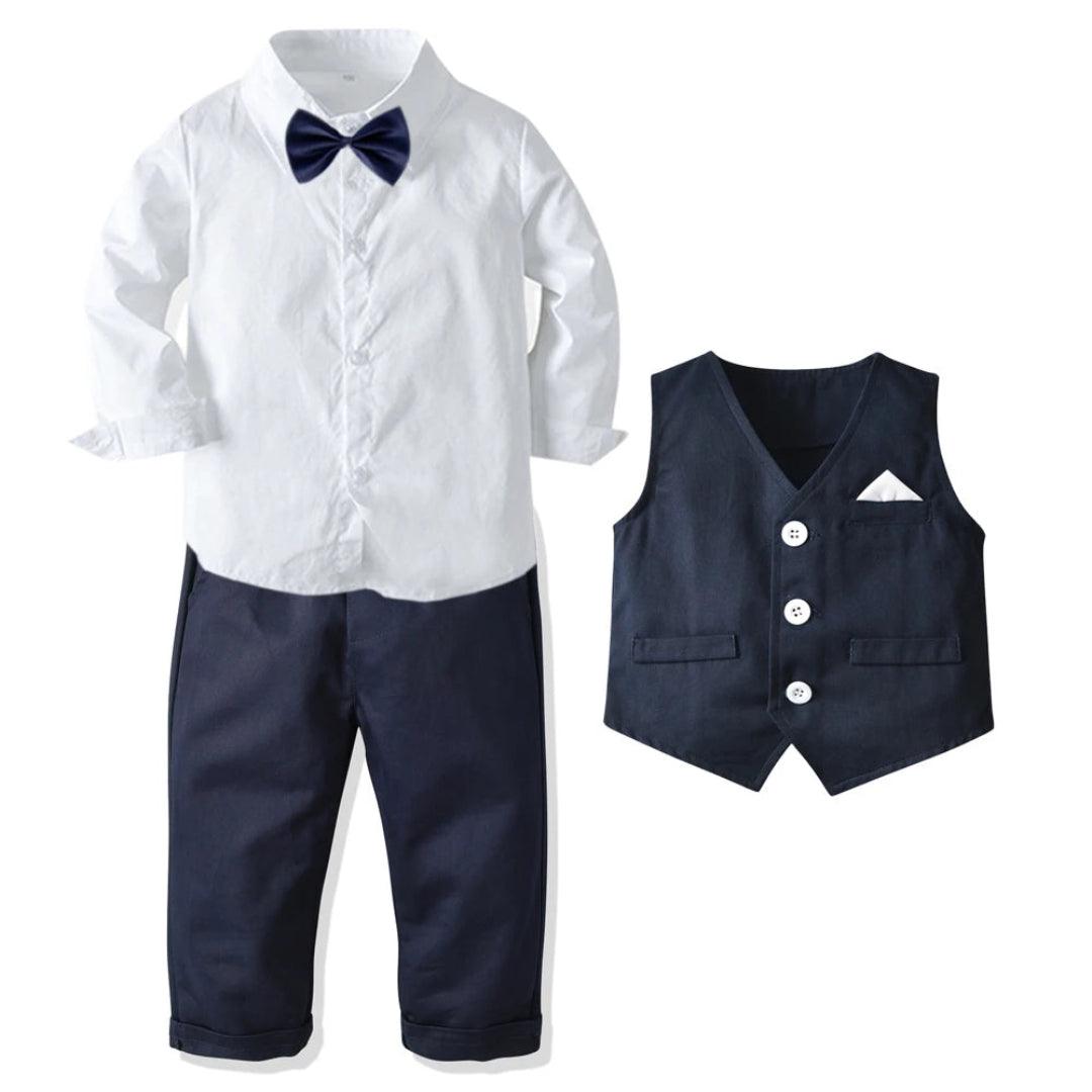Roupas formais de aniversário para meninos, conjunto de roupas de algodão para crianças pequenas, camisa de manga comprida com gravata borboleta + colete + calças, roupa de festa para meninos