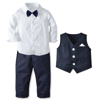 Roupas formais de aniversário para meninos, conjunto de roupas de algodão para crianças pequenas, camisa de manga comprida com gravata borboleta + colete + calças, roupa de festa para meninos