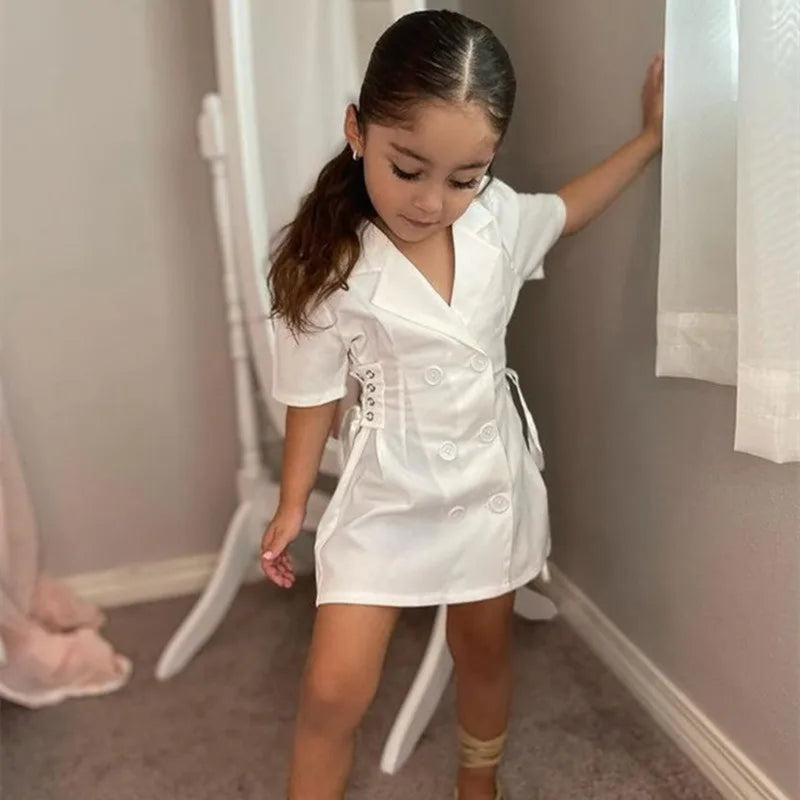 Vestido de verão para meninas de 2 a 7 anos, jaqueta, cor sólida, manga curta, lapela, botões, bandagem, cintura, blazer, moda, roupas de bebê