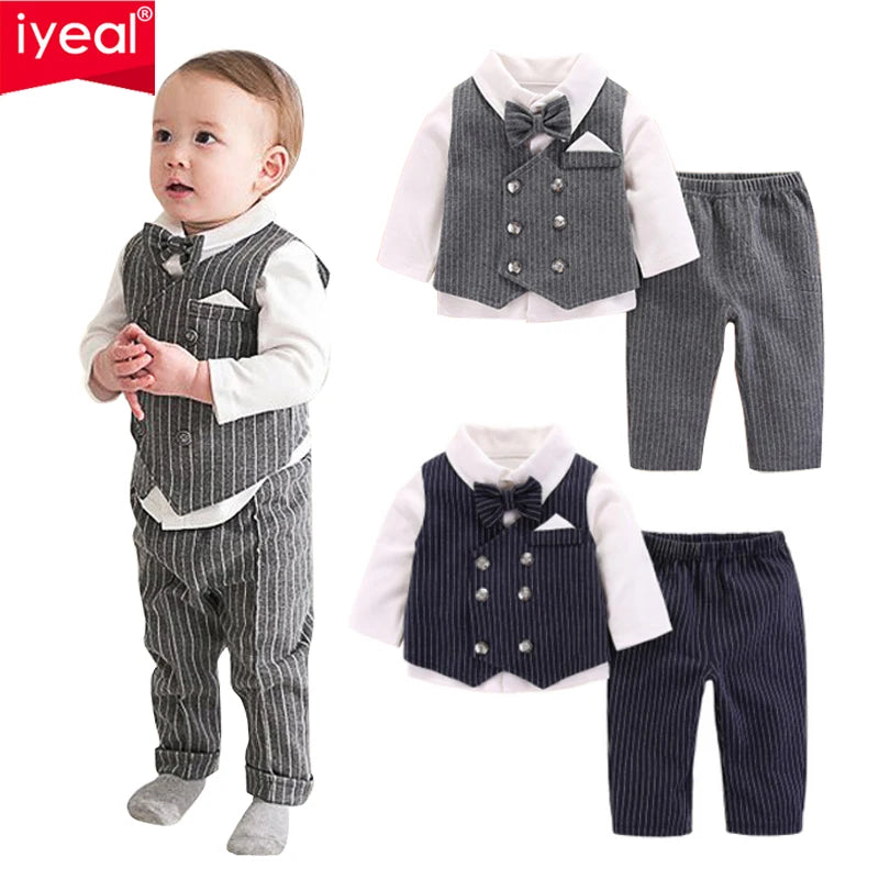 Iyeal conjunto de terno de batismo para bebê menino, presente de festa de aniversário para recém-nascidos, smoking infantil com chapéu, gravata borboleta, roupa de cavalheiro para crianças pequenas, 3 peças