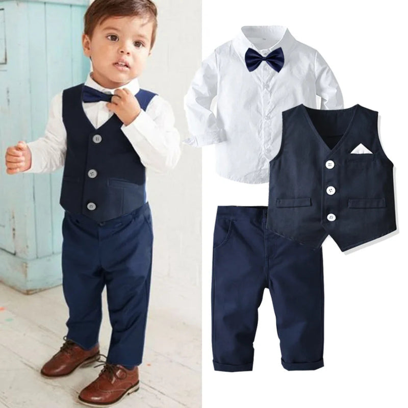 Roupas formais de aniversário para meninos, conjunto de roupas de algodão para crianças pequenas, camisa de manga comprida com gravata borboleta + colete + calças, roupa de festa para meninos