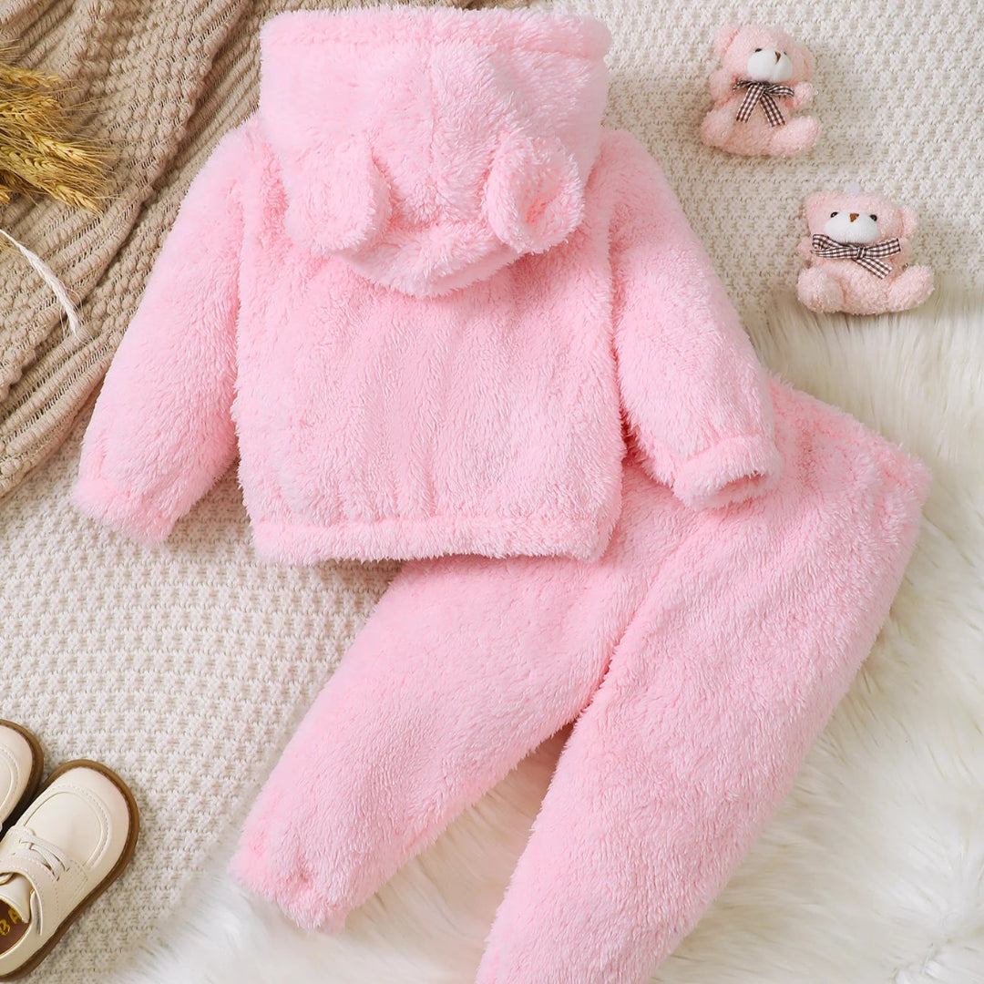 Outono e inverno rosa fofo conjunto bebê meninas bonito dos desenhos animados coelho figura com capuz manga longa com capuz cintura elástica calças de cor sólida