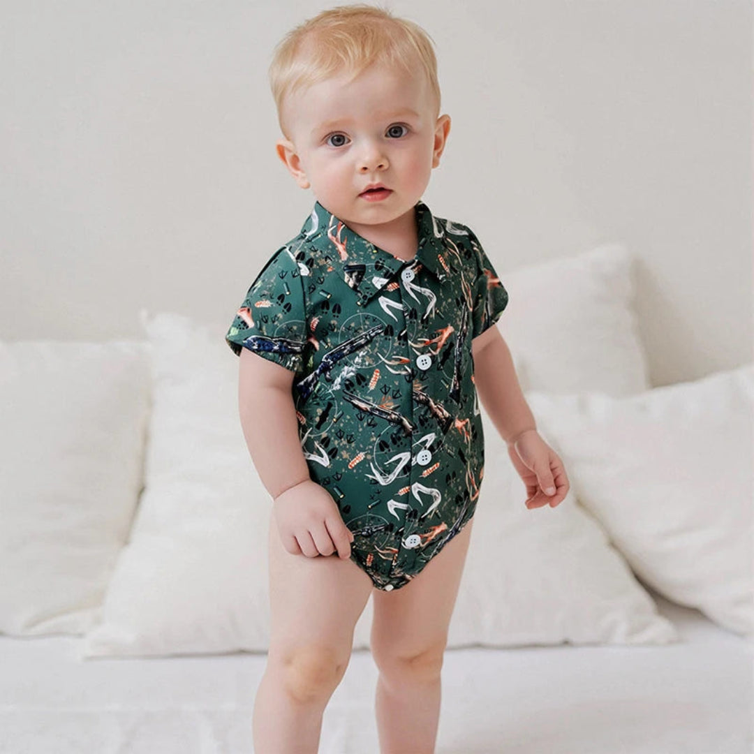 Pudcoco infantil bebê menino manga curta macacão moda impressão lapela pescoço botão-up bodysuit roupas casuais de verão