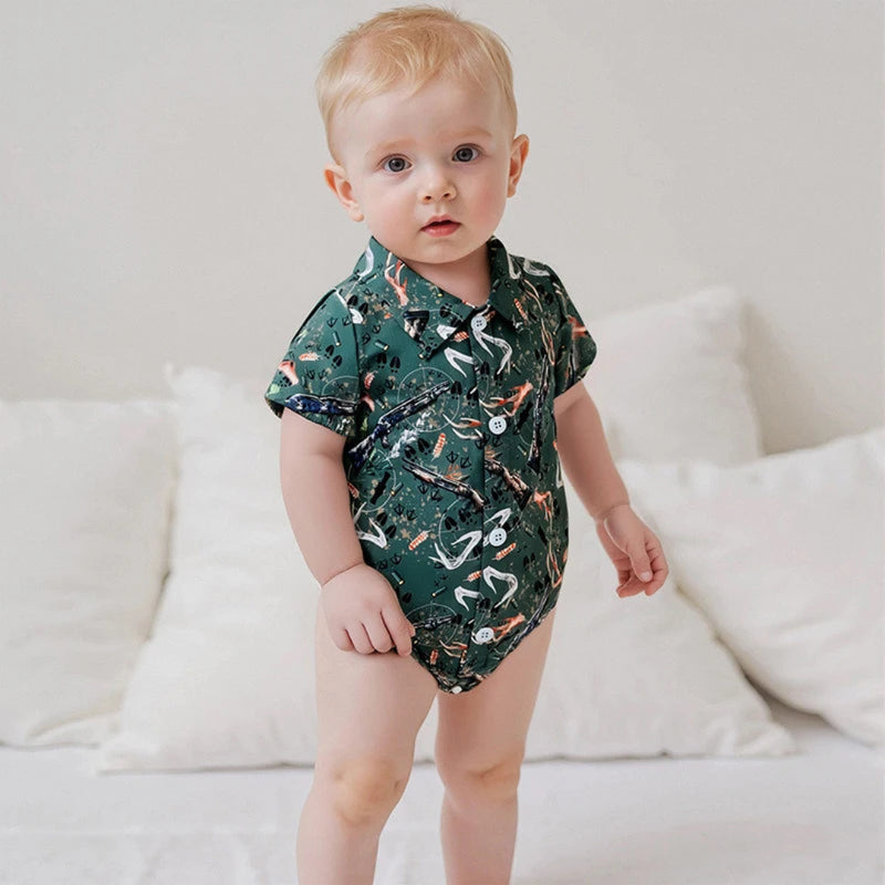 Pudcoco infantil bebê menino manga curta macacão moda impressão lapela pescoço botão-up bodysuit roupas casuais de verão
