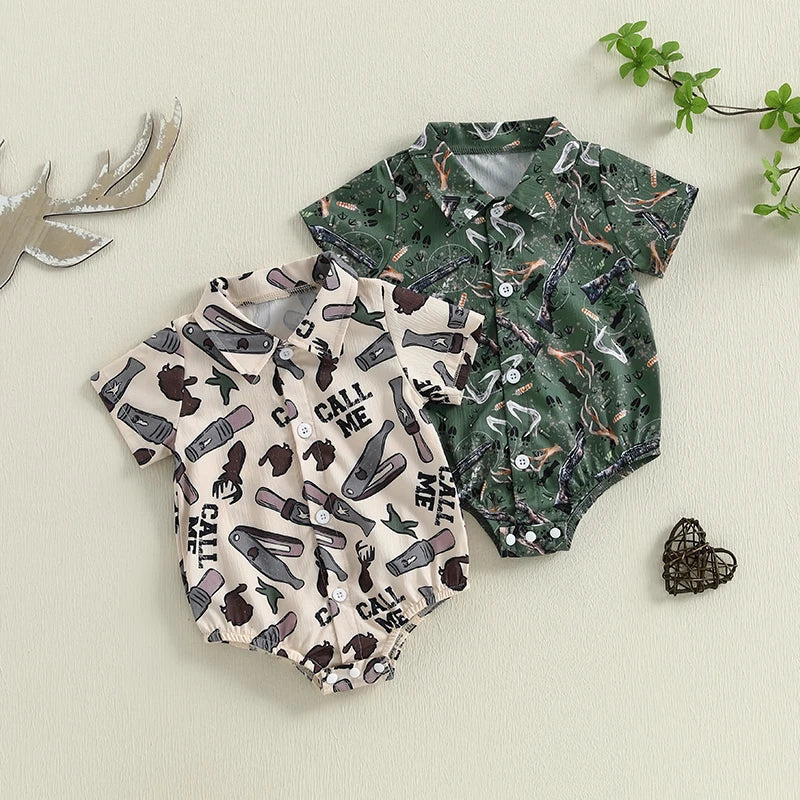 Pudcoco infantil bebê menino manga curta macacão moda impressão lapela pescoço botão-up bodysuit roupas casuais de verão