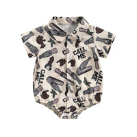 Pudcoco infantil bebê menino manga curta macacão moda impressão lapela pescoço botão-up bodysuit roupas casuais de verão