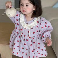 2025 primavera novo bebê menina vestido de manga longa bonito morango impressão recém-nascido da criança princesa bodysuit vestido crianças meninas vestido de renda