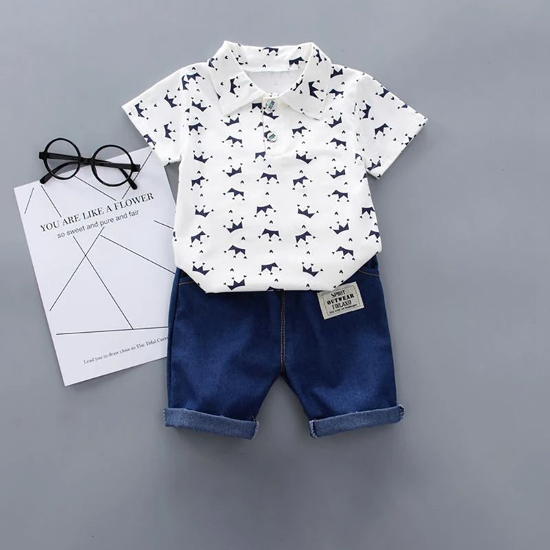 2 pçs crianças roupas para menino 1-4y coroa impressão camisa + jeans curto verão algodão macio crianças conjunto da criança casual passeio moda terno