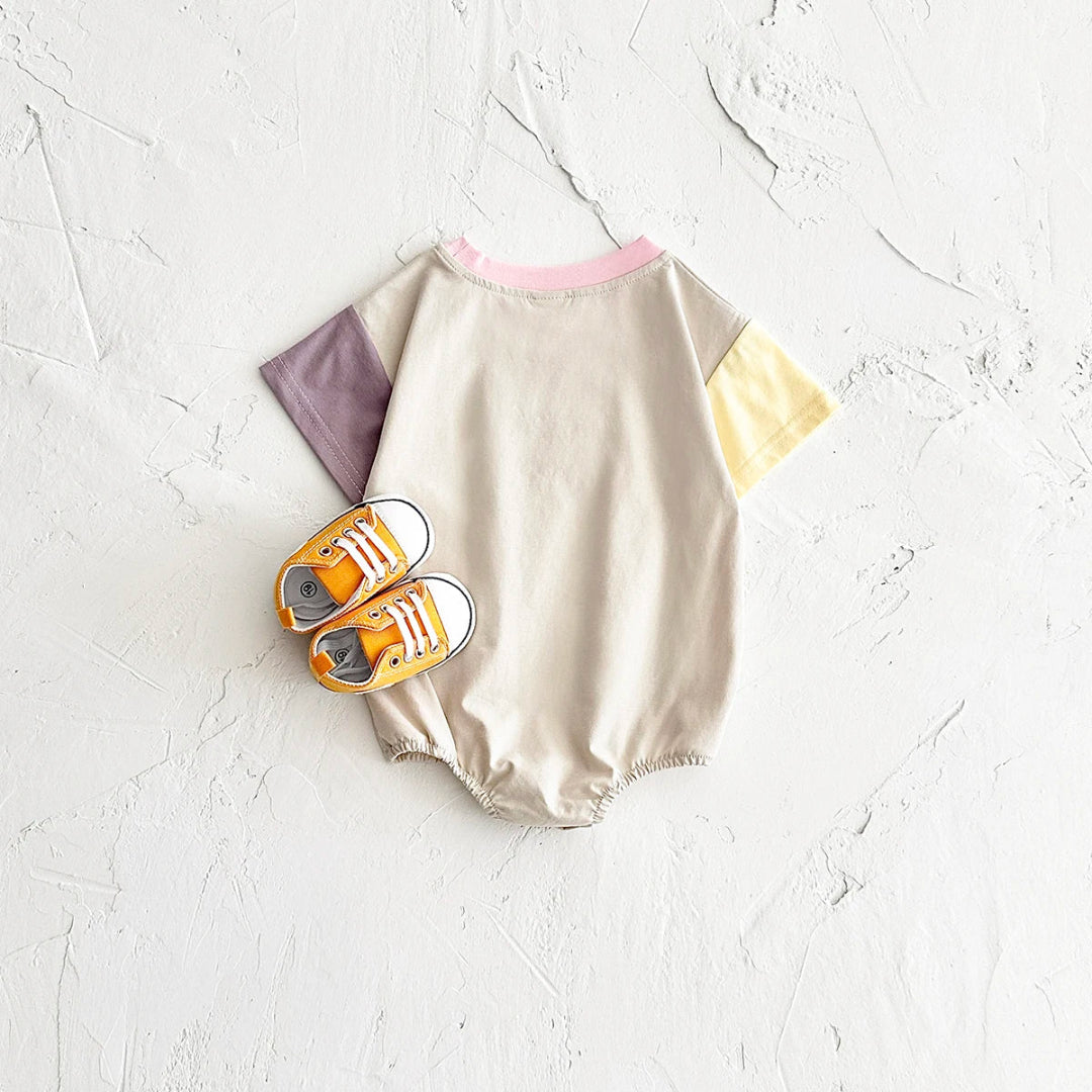 Macacão bordado letra manga curta para bebês meninos e meninas, em macacão recém-nascido, roupas infantis, bloco de cores, verão, 0-18m
