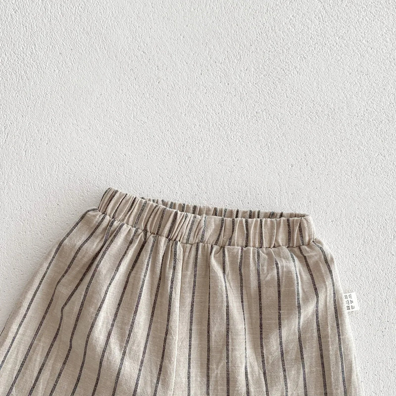 Conjunto de treino listrado infantil, Camisa e shorts com gola virada para baixo, Roupas de meninos e meninas, Roupas infantis, Verão, 2 peças, 2024