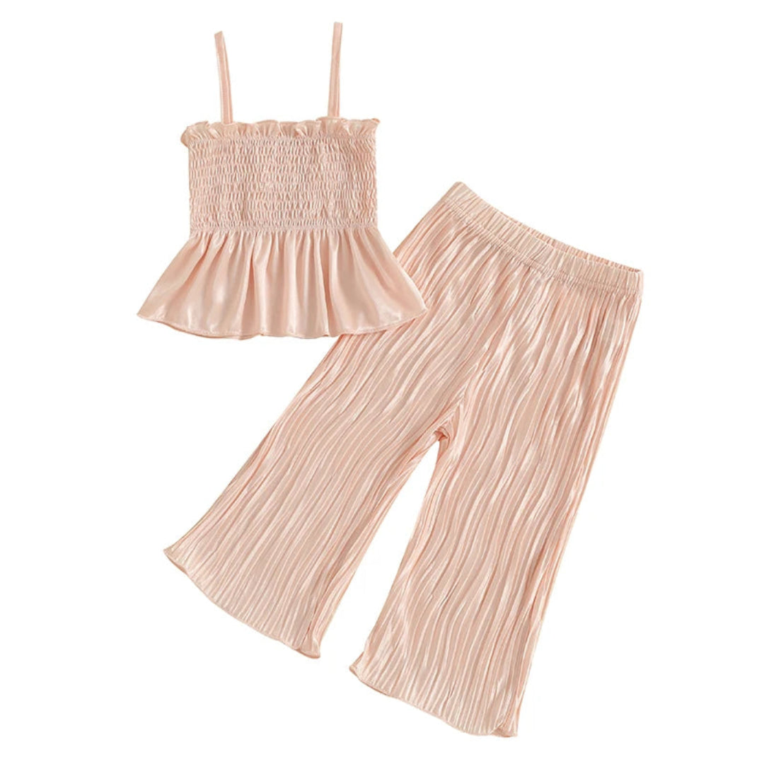 Pudcoco Conjunto de 2 peças de roupa de verão para bebês meninas com babados sólidos e tops sem mangas e calças com textura ondulada 0-4T