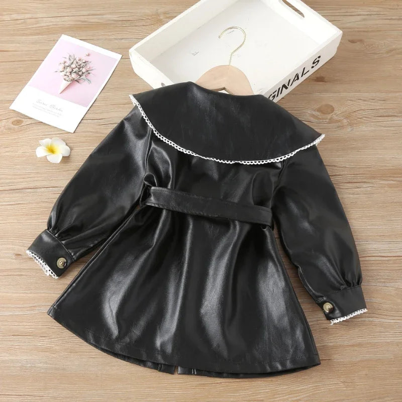 Nova primavera da criança meninas jaquetas de couro do plutônio casaco crianças gola boneca cinto outerwear blusão crianças roupas jaquetas vestido 1-7y