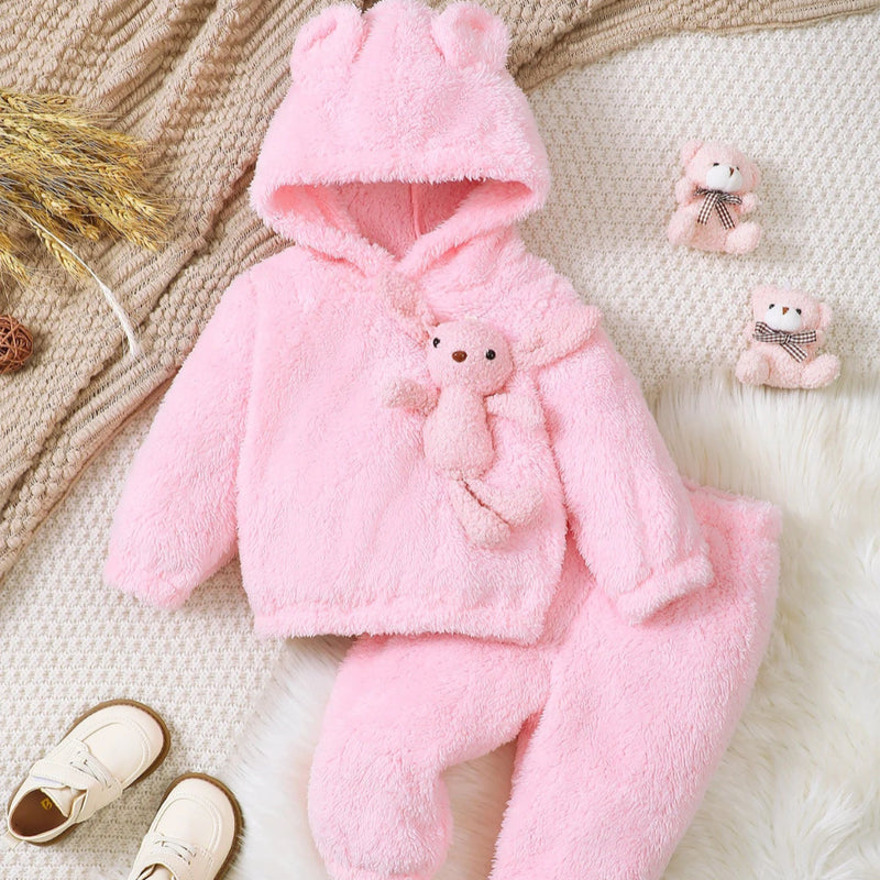 Outono e inverno rosa fofo conjunto bebê meninas bonito dos desenhos animados coelho figura com capuz manga longa com capuz cintura elástica calças de cor sólida
