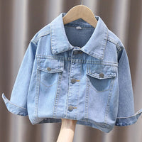 Casaco jeans de peito único, manga comprida, casaco casual de lapela, bolso simples, masculino, primavera e outono, 1-8 anos, 2022