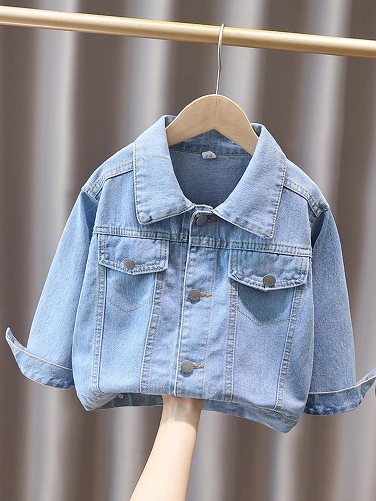 Casaco jeans de peito único, manga comprida, casaco casual de lapela, bolso simples, masculino, primavera e outono, 1-8 anos, 2022