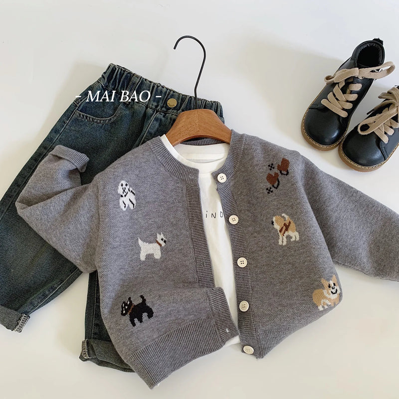 Crianças roupas crianças camisola casual 2024 outono nova impressão dos desenhos animados único breasted cardigan menino moda tricô casaco maré