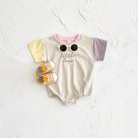 Macacão bordado letra manga curta para bebês meninos e meninas, em macacão recém-nascido, roupas infantis, bloco de cores, verão, 0-18m
