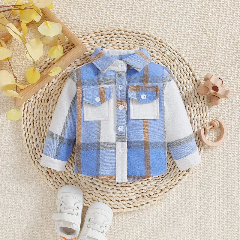 Outono menino menina casaco coreano novas crianças neutro xadrez lapela lã camisa de manga comprida moda cardigan curto