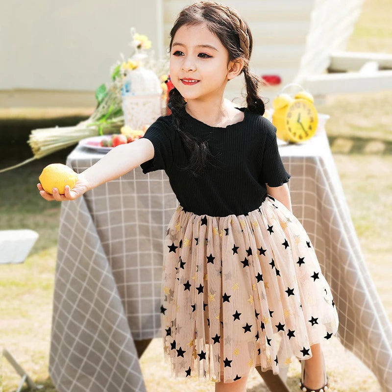Gaze infantil inchado princesa vestido, estrelas de aniversário, moda casual feminina, elegância para festa, crianças de 1 a 7 anos, verão