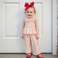 Pudcoco Conjunto de 2 peças de roupa de verão para bebês meninas com babados sólidos e tops sem mangas e calças com textura ondulada 0-4T
