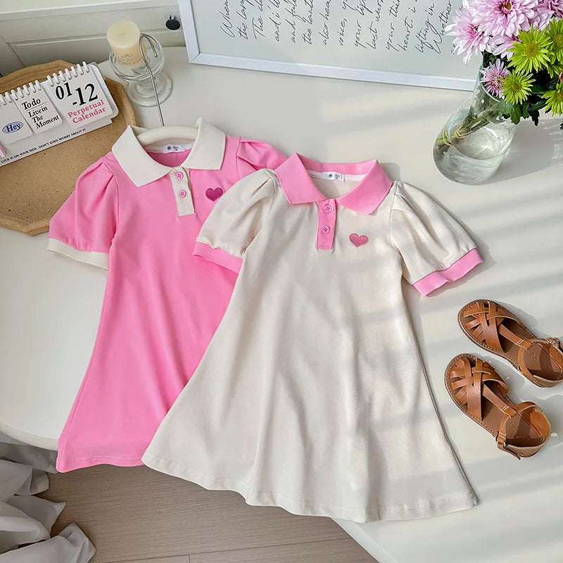 2025 verão elegante meninas camisa polo vestidos 1-7y na moda bordado coração lapela vestido para crianças roupas infantis