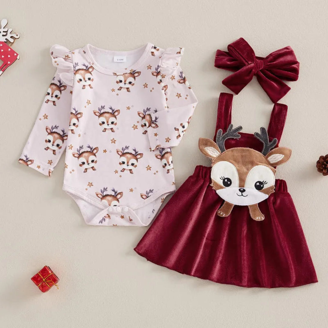 Rena Imprimir Bodysuit Manga Longa com Macacão Saia e Headband, Baby Girl Natal Saias Conjuntos, 0 a 18 meses