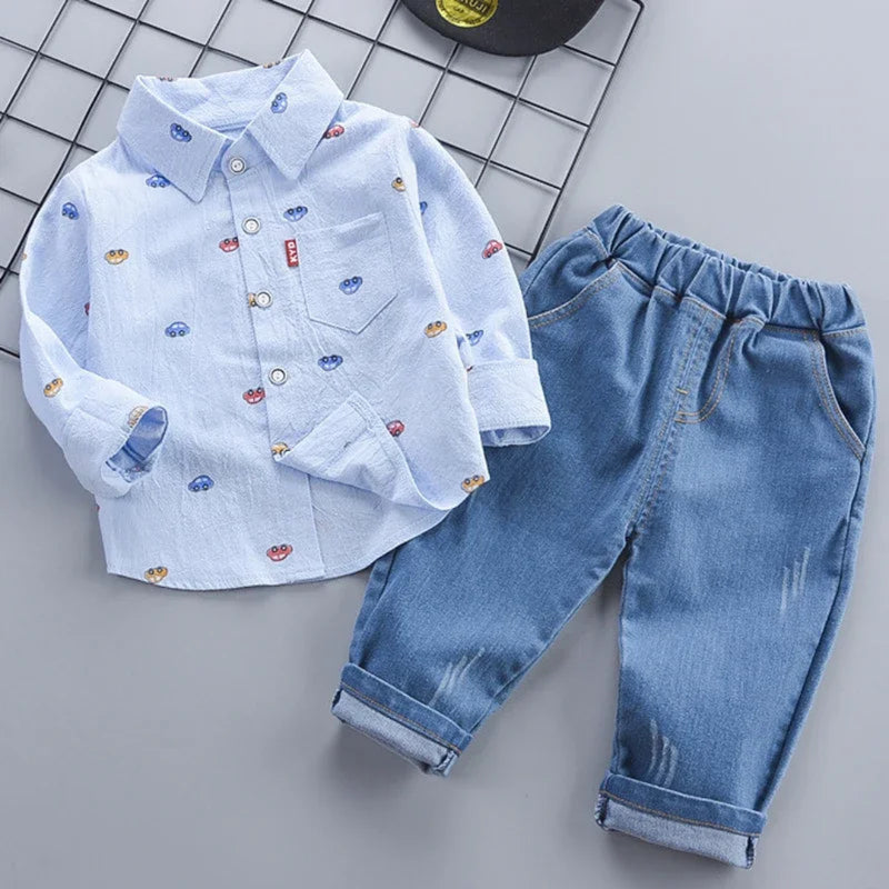 Conjunto de roupas infantis para primavera e outono, roupas masculinas, manga cheia, estampa de carro pequeno, camisa e jeans, roupas infantis, 2 peças, 1 a 4 anos