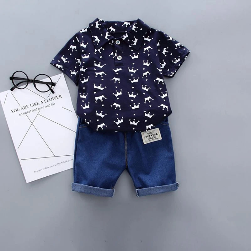 2 pçs crianças roupas para menino 1-4y coroa impressão camisa + jeans curto verão algodão macio crianças conjunto da criança casual passeio moda terno