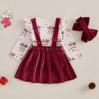 Rena Imprimir Bodysuit Manga Longa com Macacão Saia e Headband, Baby Girl Natal Saias Conjuntos, 0 a 18 meses