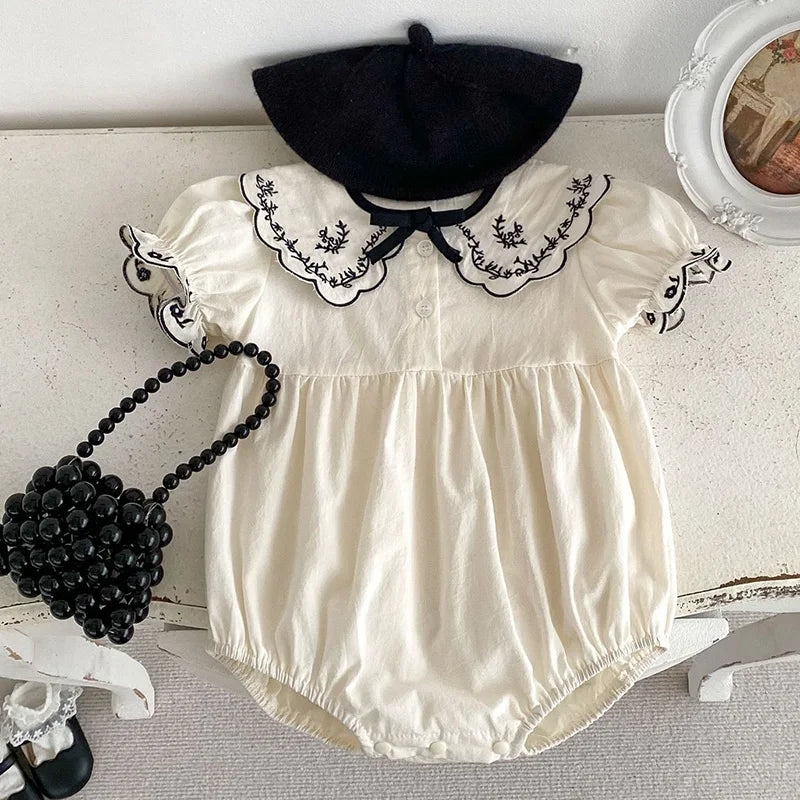2024 novo verão bebê recém-nascido menina macacão de manga curta algodão bordado infantil bebê meninas macacão 0-24m roupas do bebê meninas