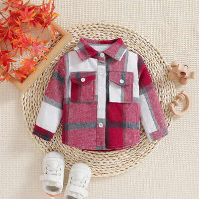 Outono menino menina casaco coreano novas crianças neutro xadrez lapela lã camisa de manga comprida moda cardigan curto