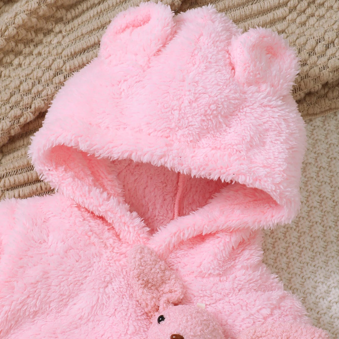 Outono e inverno rosa fofo conjunto bebê meninas bonito dos desenhos animados coelho figura com capuz manga longa com capuz cintura elástica calças de cor sólida