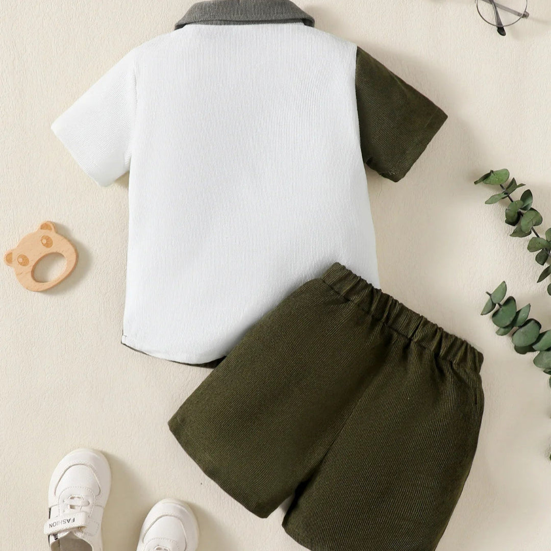 1-6 anos crianças meninos gola flip cor bloqueada pit stripe topo + shorts moda 2 pçs/set ensolarado bonito meninos verão conjunto