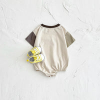 Macacão bordado letra manga curta para bebês meninos e meninas, em macacão recém-nascido, roupas infantis, bloco de cores, verão, 0-18m