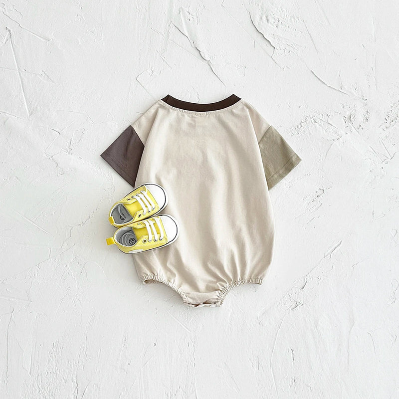 Macacão bordado letra manga curta para bebês meninos e meninas, em macacão recém-nascido, roupas infantis, bloco de cores, verão, 0-18m