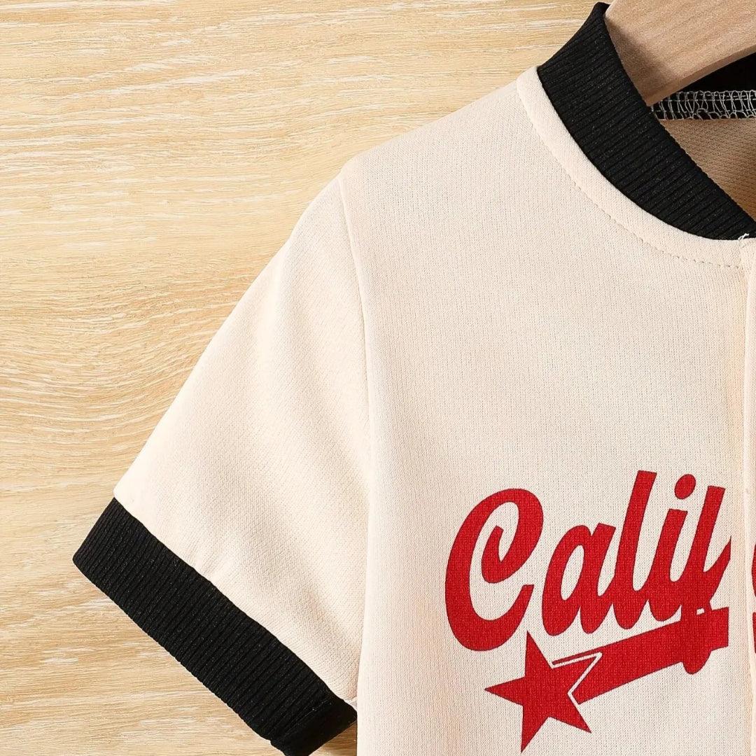 Jaqueta de beisebol de manga curta para bebês, cardigã casual, esportes ao ar livre, terno confortável, tendência de verão, 2 peças