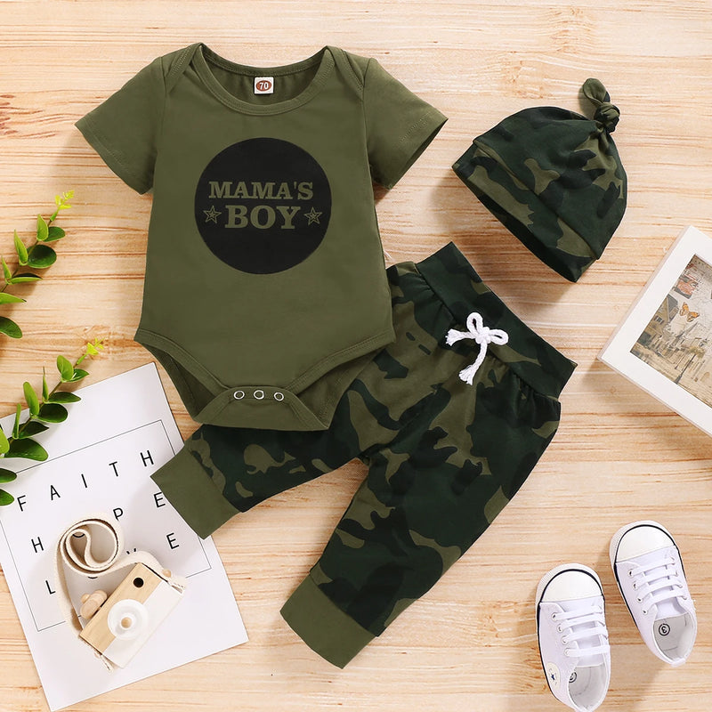 Conjunto de roupas camufladas de manga curta, 3 peças, com chapéu, roupas para bebês recém-nascidos, verão, esportes de rua, terno para crianças de 0 a 18 meses