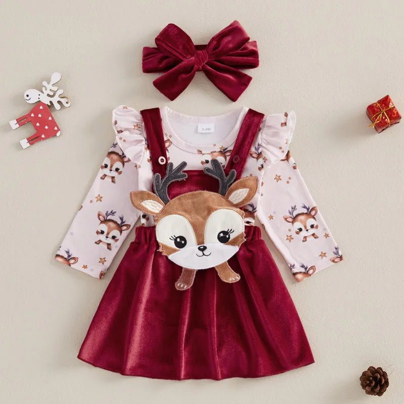 Rena Imprimir Bodysuit Manga Longa com Macacão Saia e Headband, Baby Girl Natal Saias Conjuntos, 0 a 18 meses