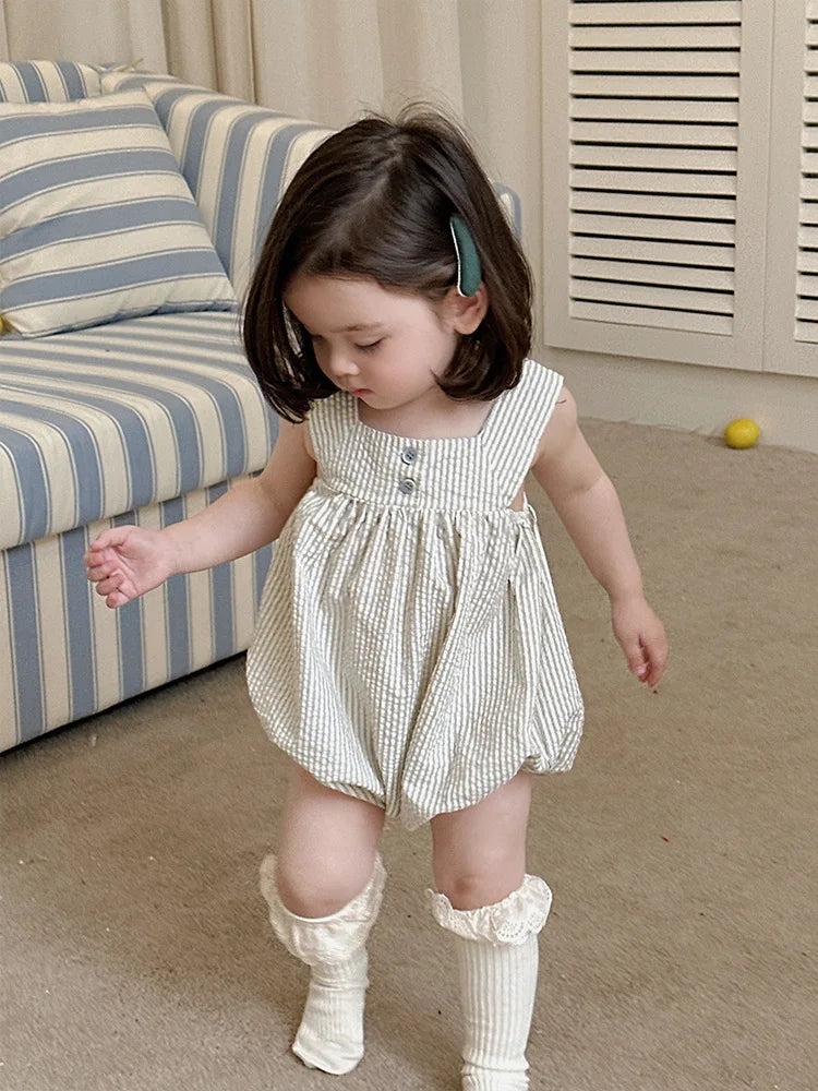 2025 verão novo bebê sem mangas listrado bodysuit algodão infantil menina casual cinta macacão recém-nascido da criança roupas casuais 0-24m