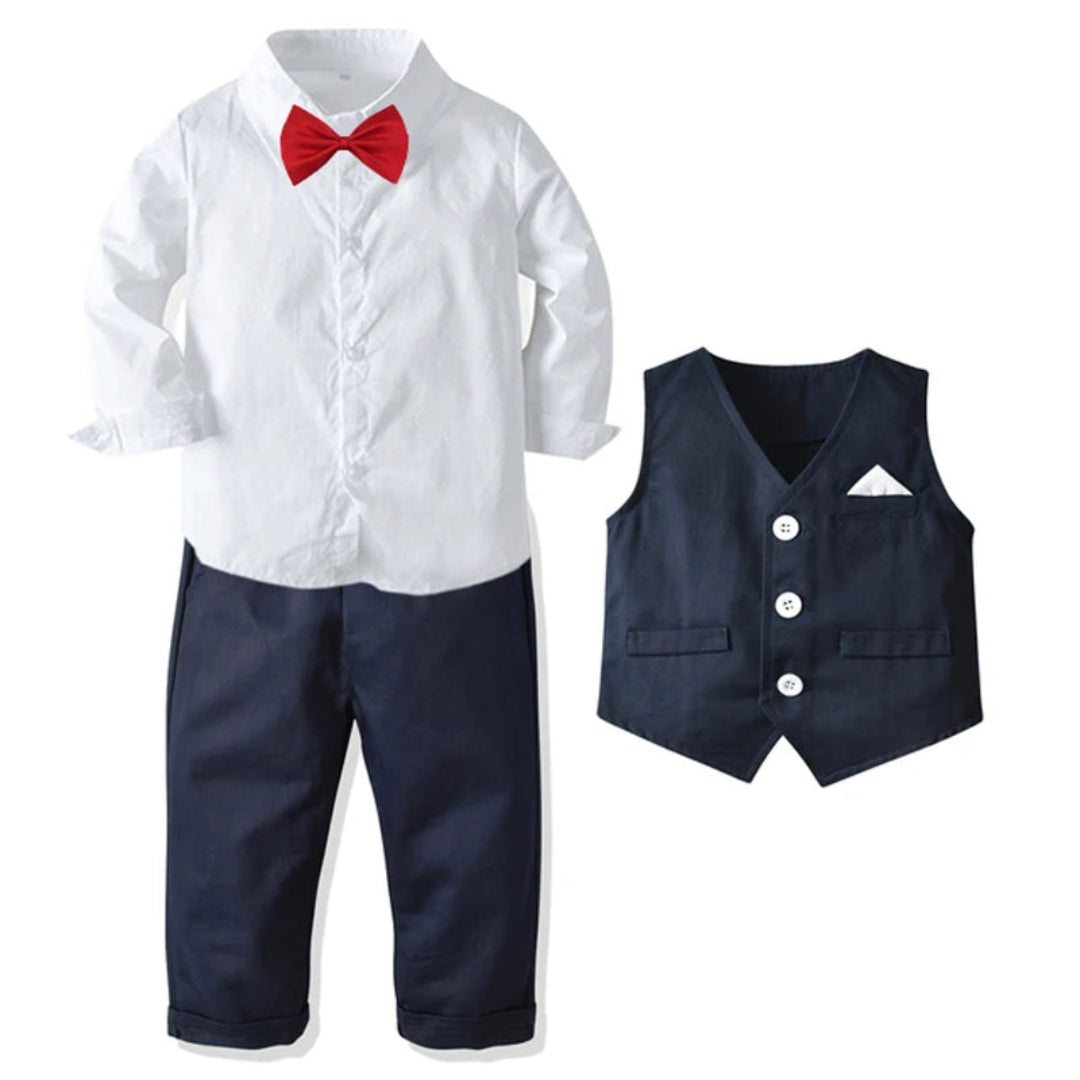 Roupas formais de aniversário para meninos, conjunto de roupas de algodão para crianças pequenas, camisa de manga comprida com gravata borboleta + colete + calças, roupa de festa para meninos