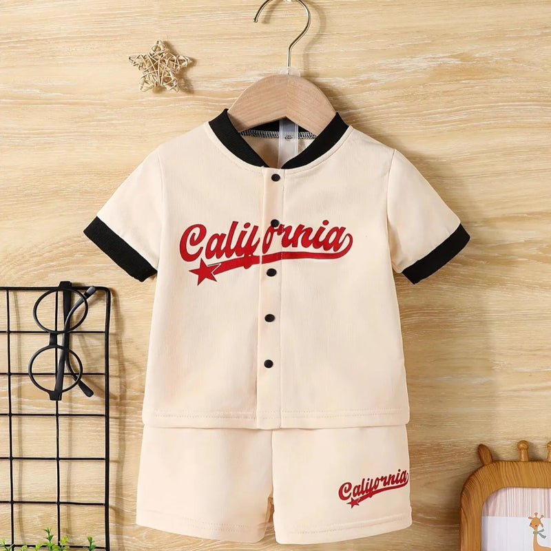 Jaqueta de beisebol de manga curta para bebês, cardigã casual, esportes ao ar livre, terno confortável, tendência de verão, 2 peças