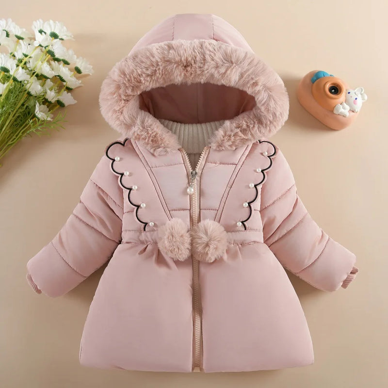 Crianças outono inverno grosso casaco de algodão crianças meninas quente pérolas jaqueta gola de pelúcia com capuz à prova de vento outwear 1 a 6 anos de idade