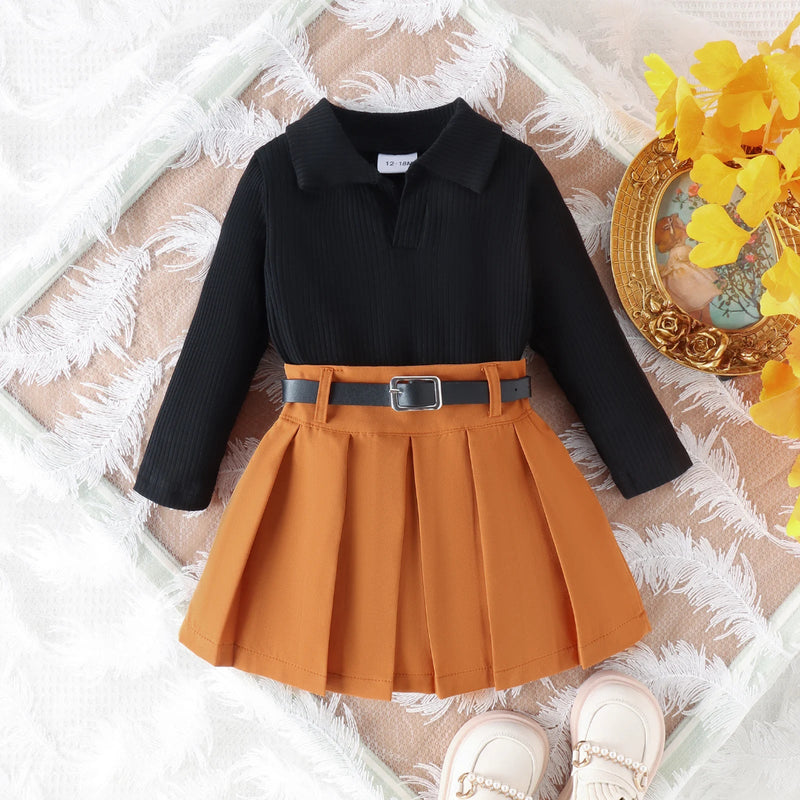 3 pçs outono novo estilo 1-5 anos de idade menina bebê faculdade casual cor sólida manga comprida pit top + saia curta plissada conjunto