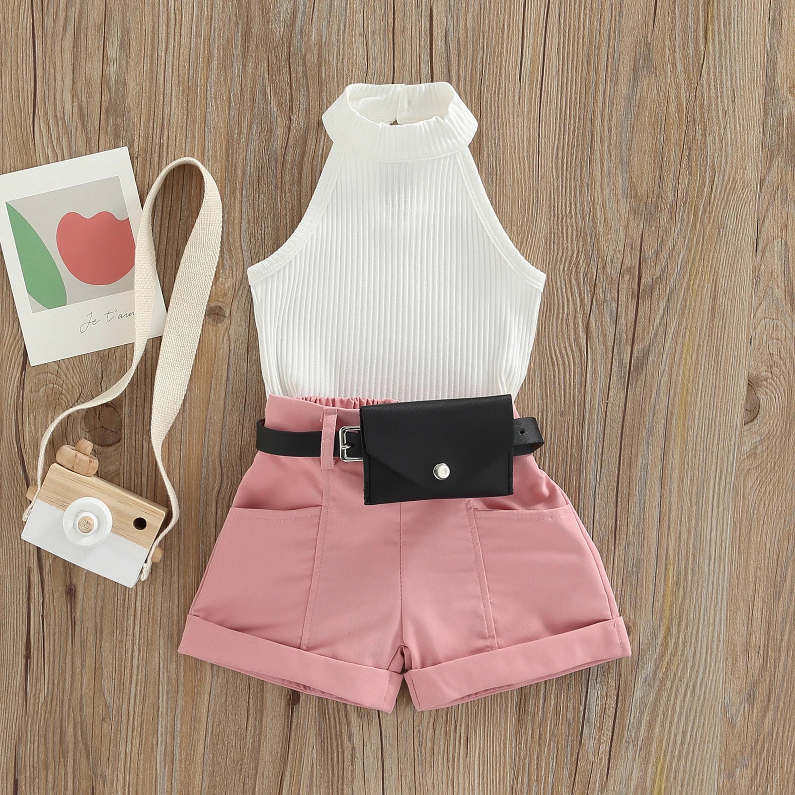 Roupas de três peças para meninas, cor sólida, sem mangas, com nervuras, gola alta, tops + calças curtas com cinto + pacote de cintura pequena 6 meses a 4 anos
