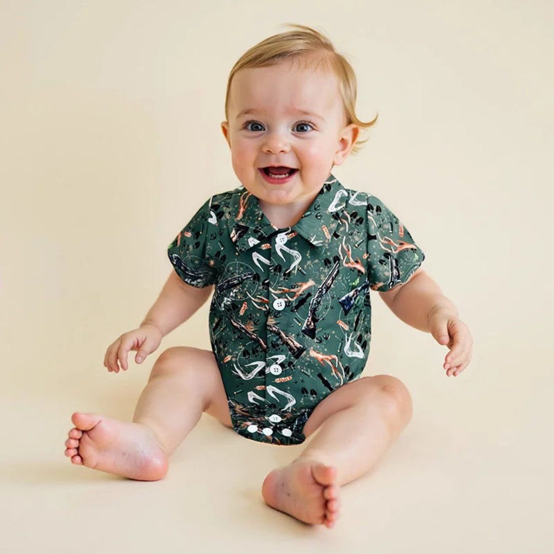 Pudcoco infantil bebê menino manga curta macacão moda impressão lapela pescoço botão-up bodysuit roupas casuais de verão